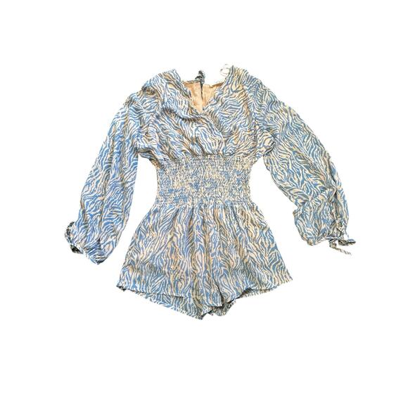 Just U In Blue Zebra Print Romper Medium Long Sleeve Smocked Waist Boho Festival - Picture 1 of 10